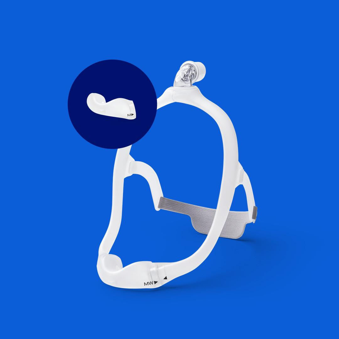 Philips Respironics DreamWear CPAP Masks, a lightweight and comfortable sleep apnea therapy mask with a head harness and nasal cushion design on a blue background.