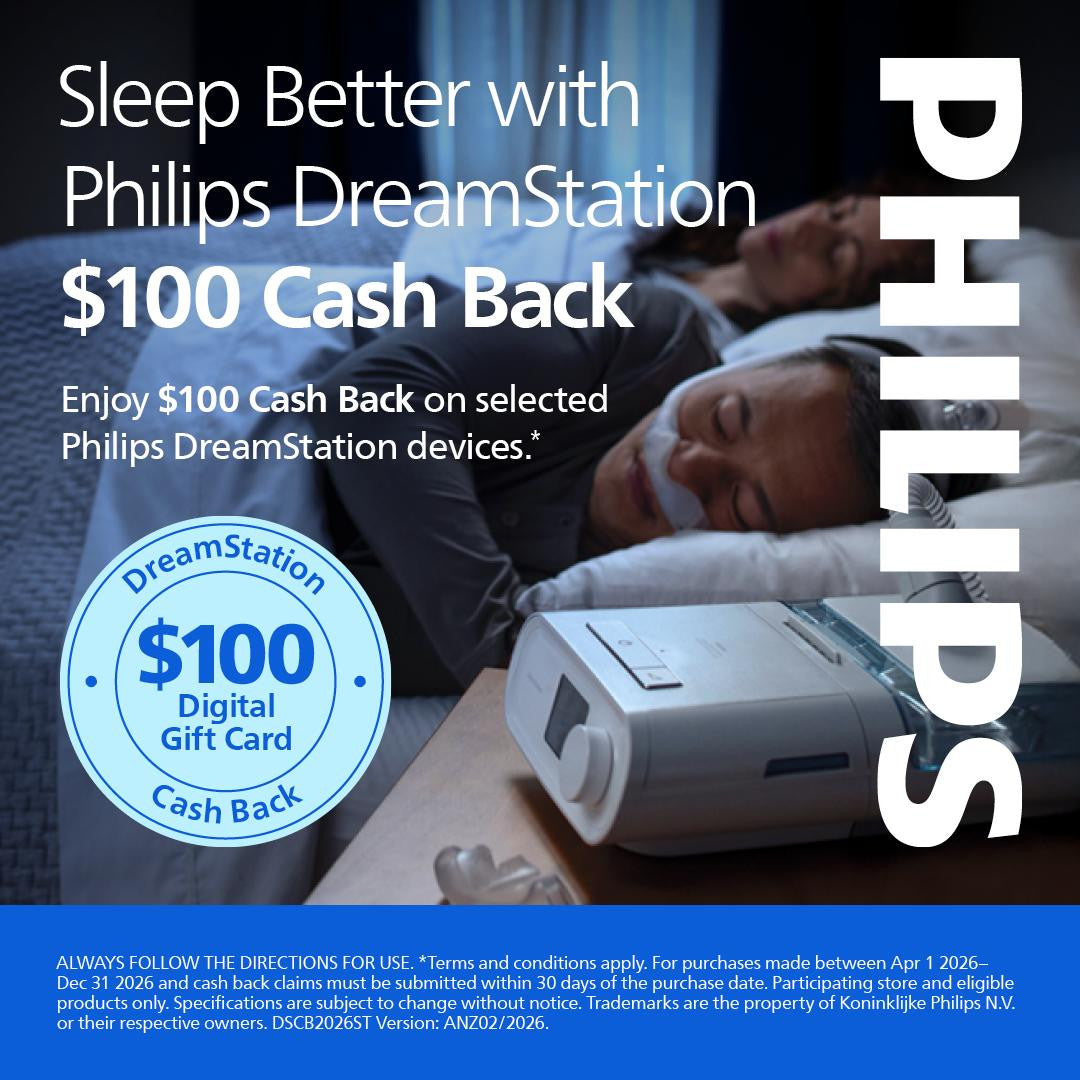 Philips Respironics Philips DreamStation Auto CPAP (hum version) with $100 Cash Back promotional offer, featuring a woman sleeping peacefully with the device on a bedside table.
