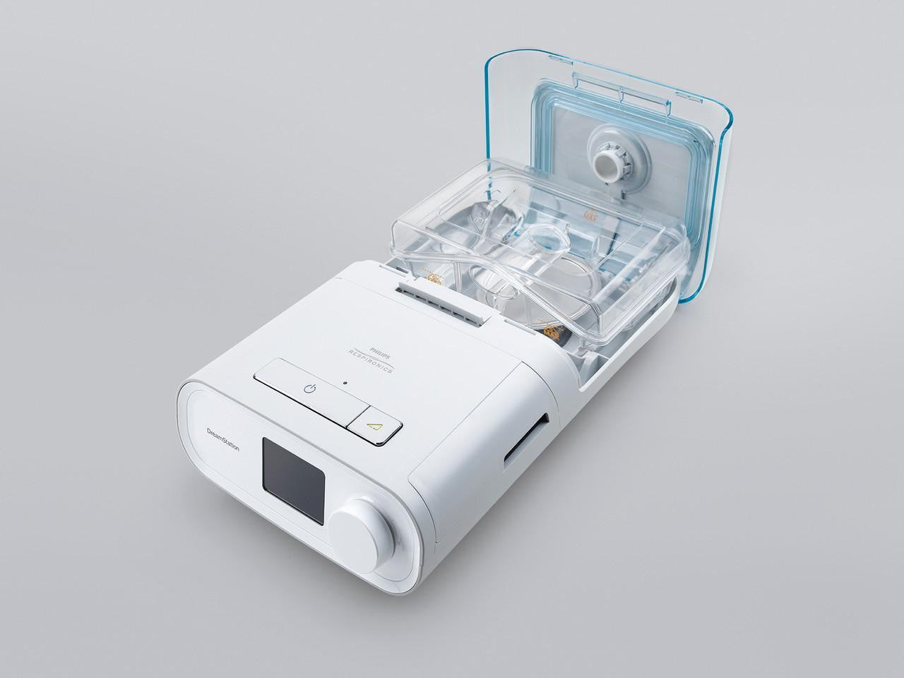 Philips Respironics Philips DreamStation Auto + Mask Package + Modem + Bonus Accessories, CPAP machine with humidifier and mask compartment.