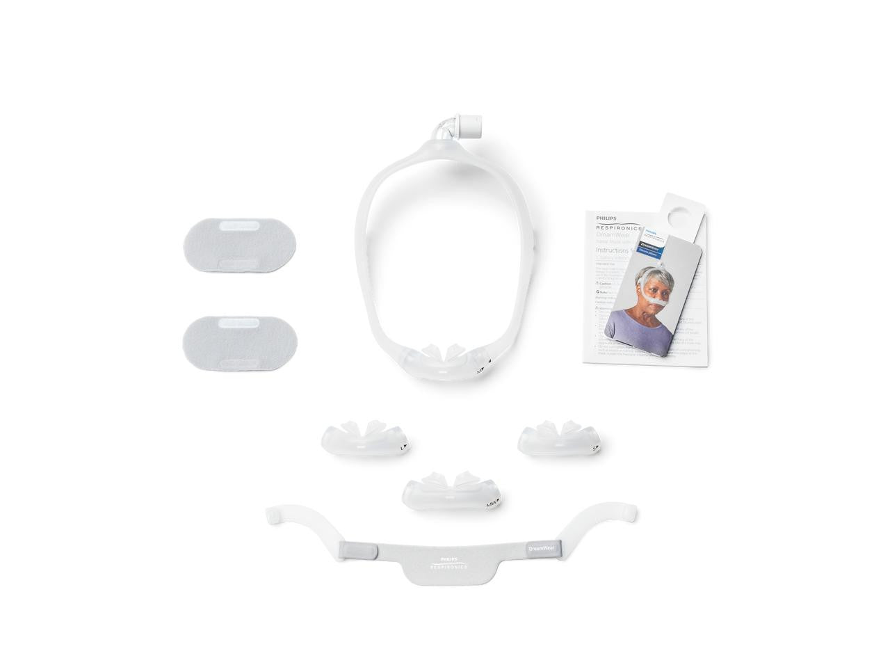 Philips Respironics Philips DreamWear Silicone Pillows CPAP mask, including silicone pillows, headgear, and instructions for use.