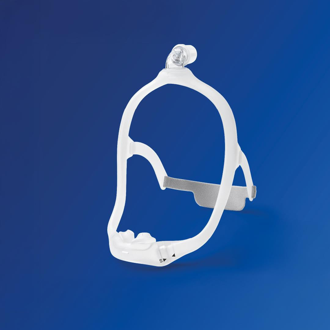Philips Respironics Philips DreamWear Silicone Pillows CPAP mask, transparent silicone pillows with adjustable straps on a blue background.