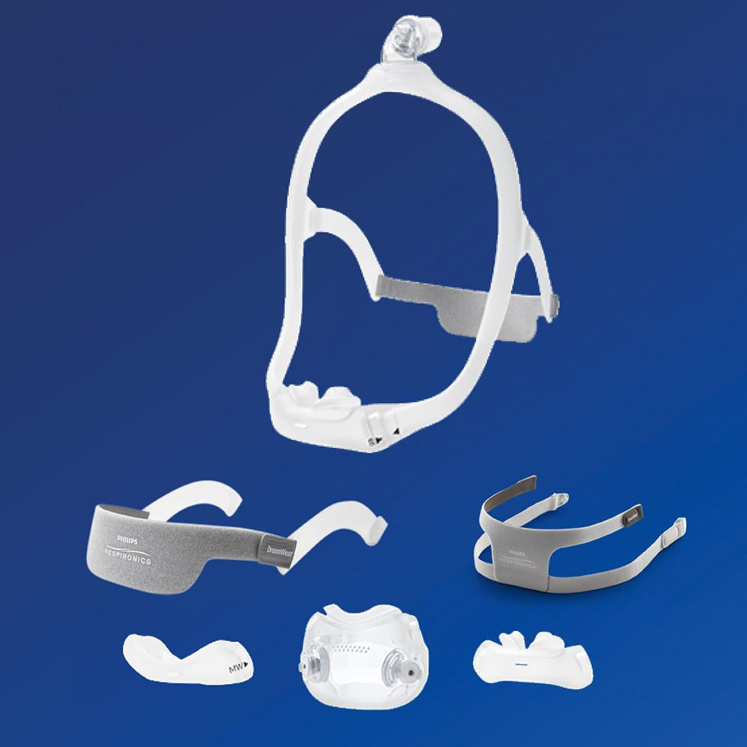 Philips Respironics Philips DreamWear Silicone Pillows CPAP mask, disassembled with frame, silicone pillows, headgear, and cushion components on a blue background.