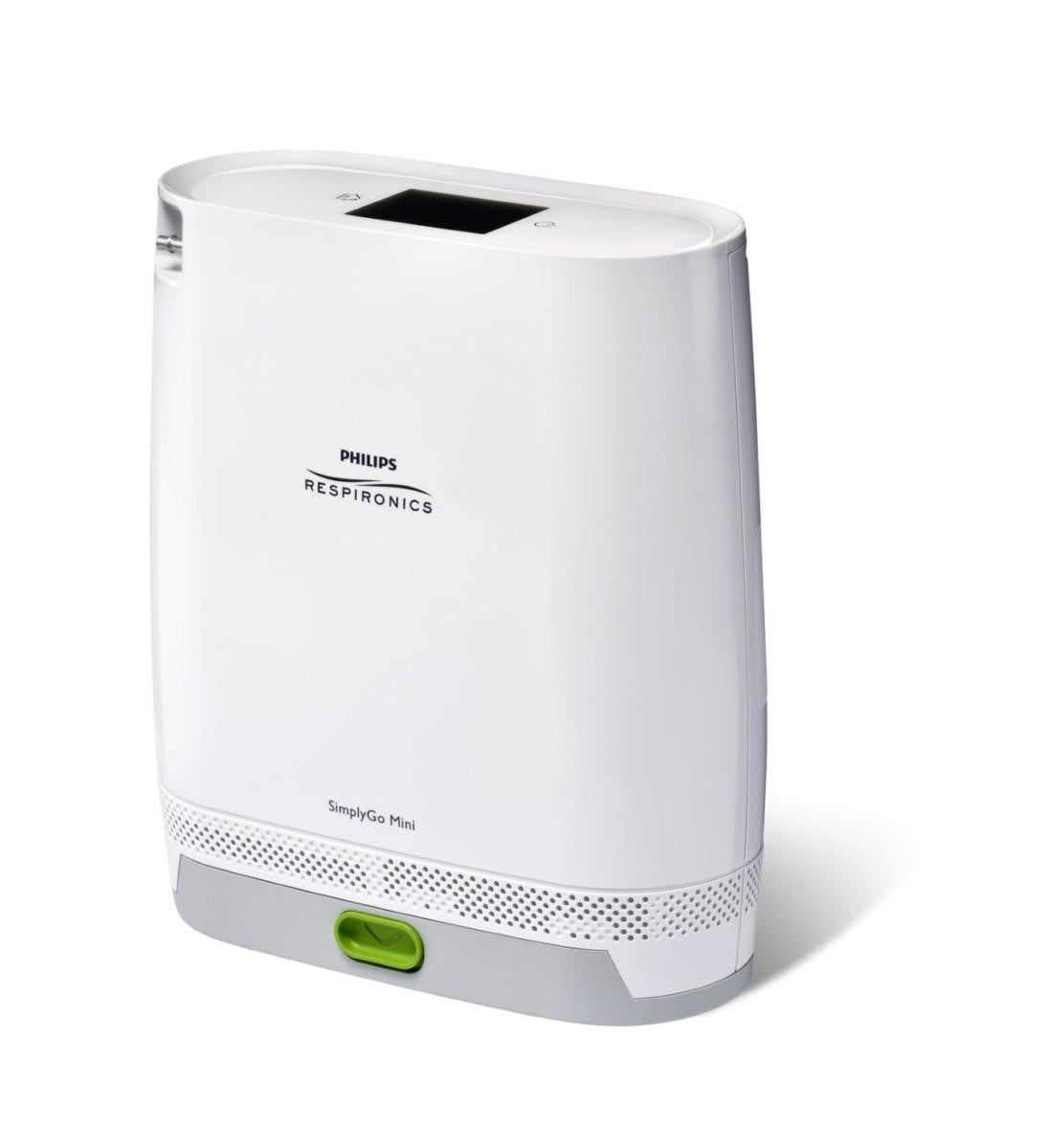 Philips Respironics SimplyGo Mini Standard Lithium Ion Battery, modern compact medical battery device with a sleek white design and a green latch at the bottom.