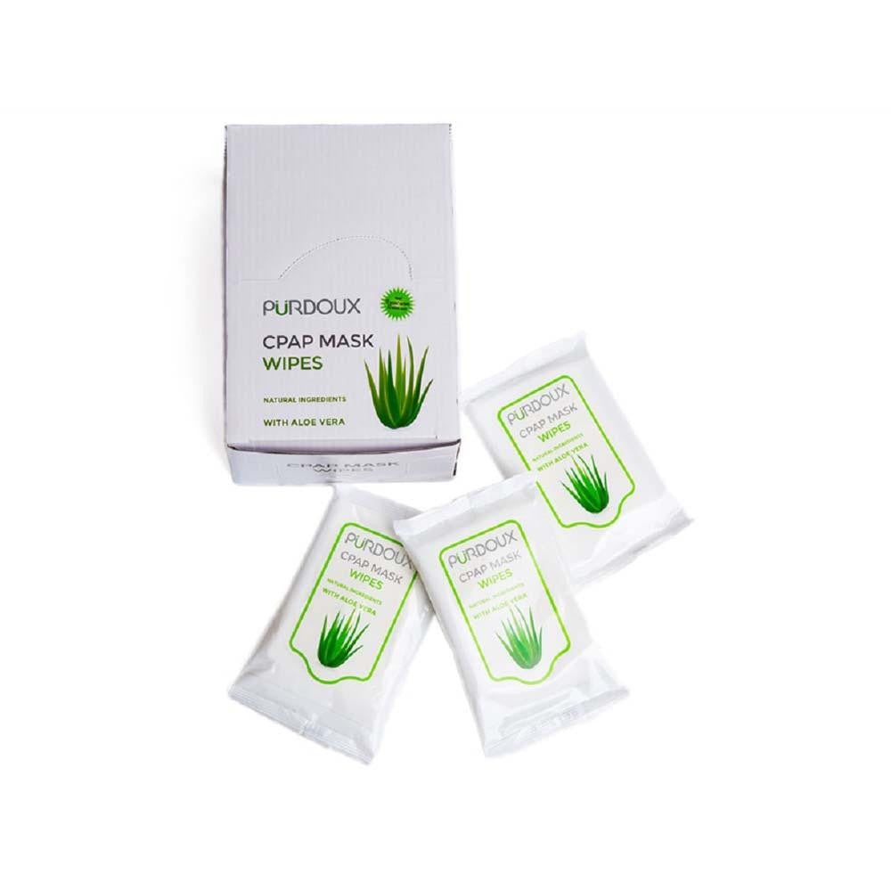 Purdoux PÜRDOUX™ CPAP Wipes Travel Pack, box of 12 individually wrapped CPAP mask wipes with aloe vera for cleaning CPAP masks on the go.