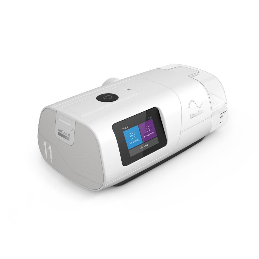 Resmed AirCurve 11, a white sleep therapy device with a touchscreen display showing sleep options and settings.