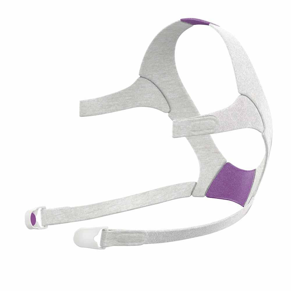 Resmed AirFit F20 For Her Headgear, adjustable sleep apnea headgear with soft fabric and purple accents.
