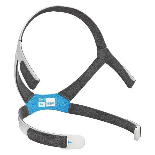 Resmed AirFit F40 headgear, adjustable respiratory mask headgear with straps and foam padding for comfortable CPAP therapy.