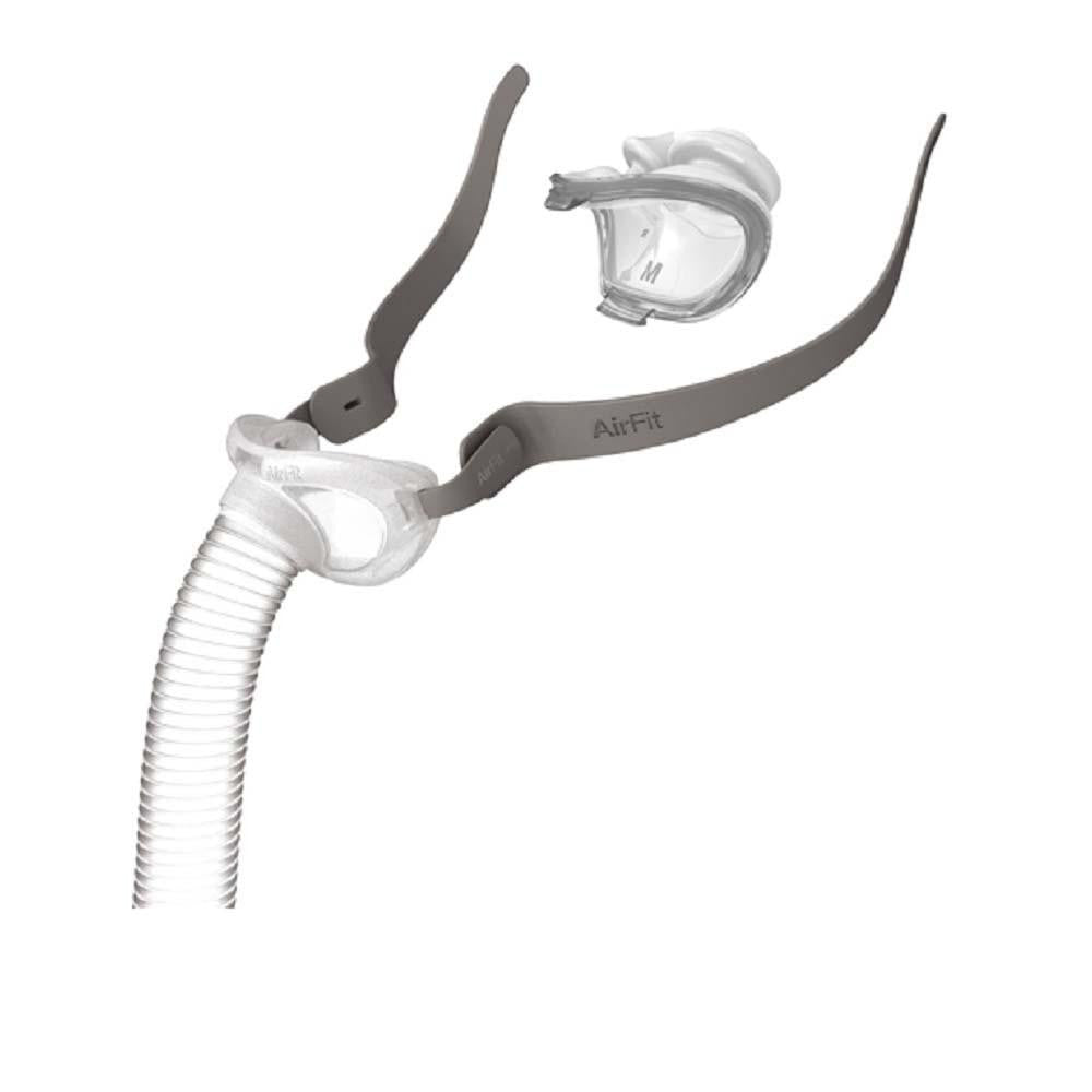 Resmed AirFit P10 Frame, lightweight nasal pillow mask frame with flexible head strap for sleep apnea therapy.