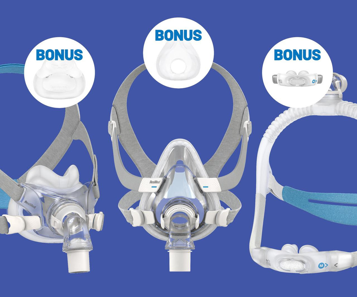 Resmed AirFit Promo - Bonus Mask cushion, image showing the mask cushions and accessories for the CPAP therapy device.