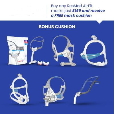 Resmed AirFit Promo - Bonus Mask Cushion, collection of various mask cushions and headgear accessories for sleep apnea therapy.