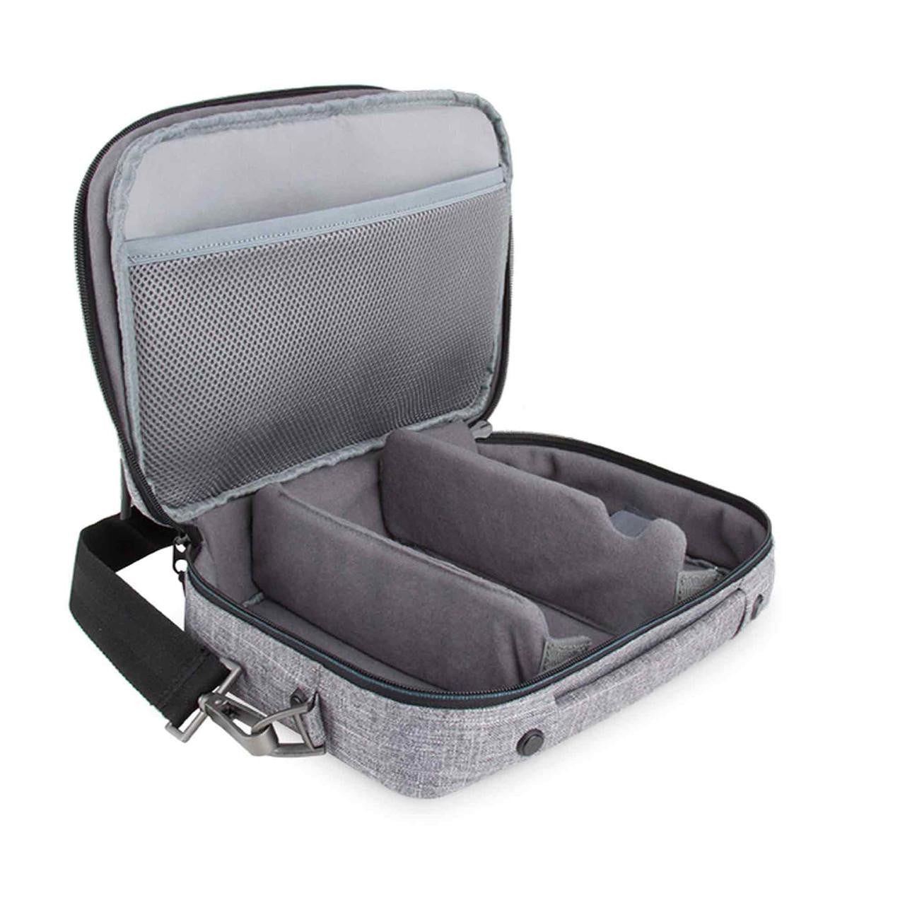 Resmed AirMini Travel Bag, open grey carrying case with internal compartments and mesh pocket for CPAP machine and accessories