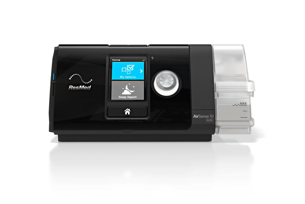 Resmed Airsense 10 4G Elite CPAP Machine, modern black device with digital display and control knob for sleep therapy.