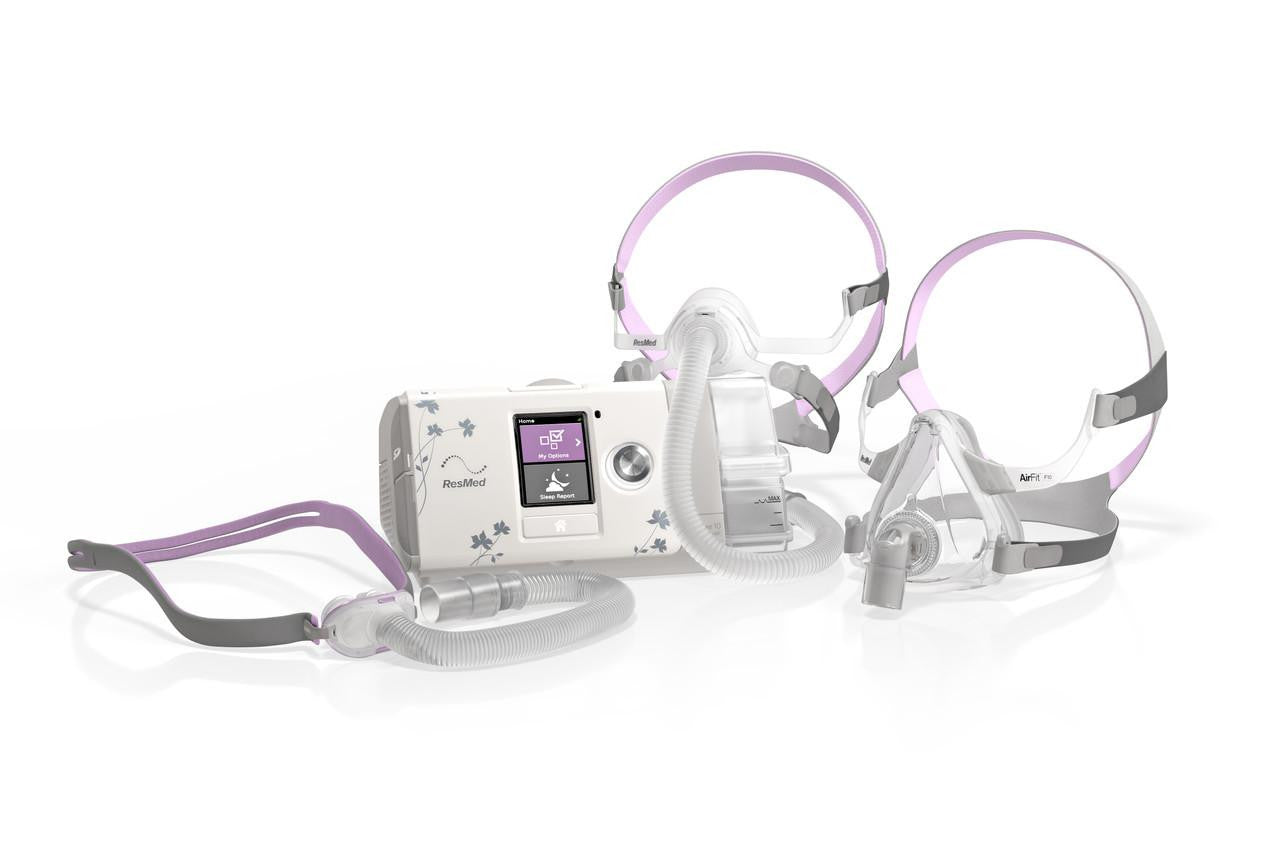 Resmed AirSense 10 Auto for Her 4G Machine & Mask Package, medical CPAP therapy device with hoses, masks, and digital display.