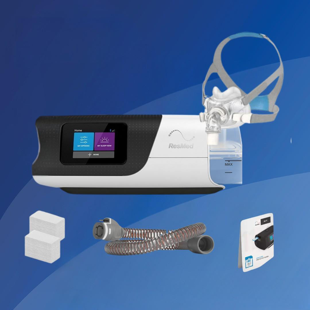 Resmed Airsense 11 Auto Super Value Package, medical CPAP machine with mask, hoses, filters, and accessories for sleep apnea therapy.