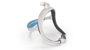 Resmed Airtouch N30i, close-up view of the nasal pillow mask with soft fabric and adjustable headgear