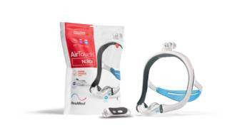 Resmed Airtouch N30i, close-up image of the CPAP nasal mask with headgear and accessories for sleep apnea therapy.
