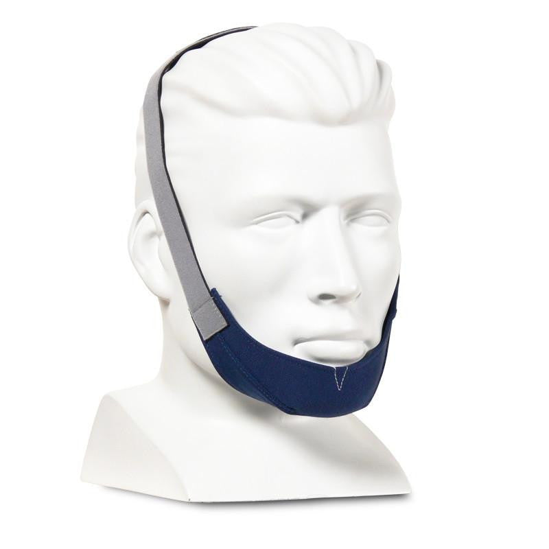 Resmed Chin Restraint, adjustable chin strap device for sleep apnea therapy displayed on a mannequin head.