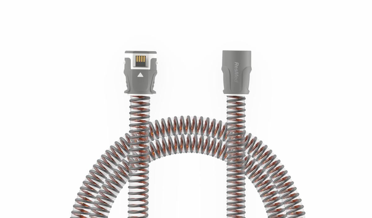 Resmed ClimateLineAir 11 Heated Tube, medical heated CPAP breathing tube with flexible corrugated design and connectors for sleep apnea therapy.