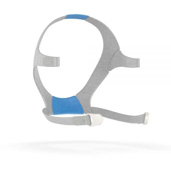 Resmed F20 Headgear, adjustable sleep apnea mask headgear with gray and blue straps.