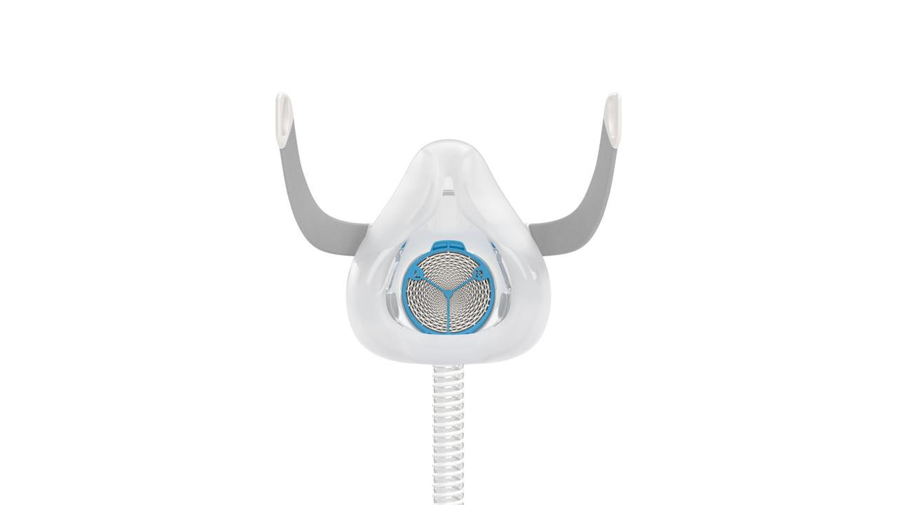 Resmed F20 Humidx, front view of the CPAP mask with adjustable headgear and breathing filter