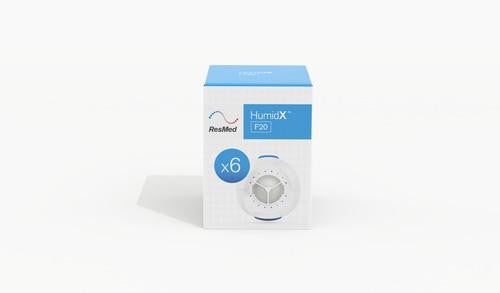 Resmed F20 Humidx, packaging box of six humidX filters for CPAP machines.
