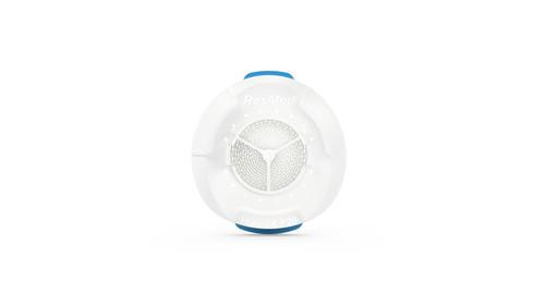 Resmed F20 Humidx, product image showing the front view of the circular medical device with white and blue color design.