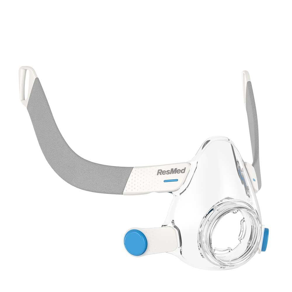 Resmed F20 Mask Frame, white and grey CPAP mask frame with adjustable straps and clear face cushion.