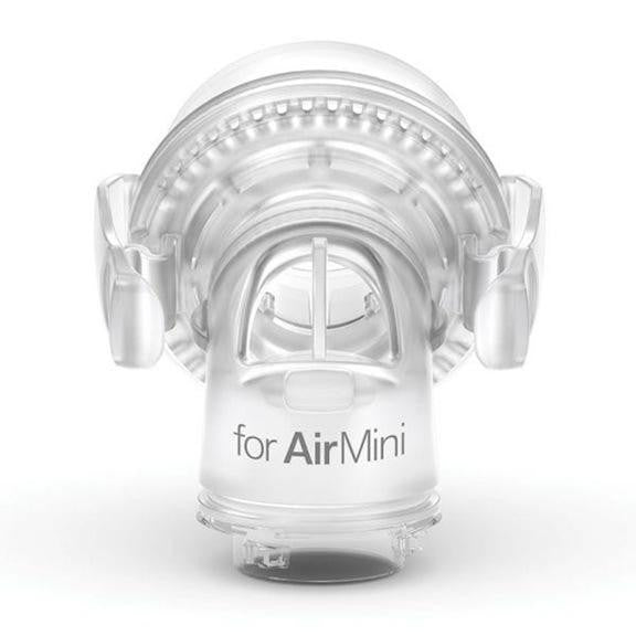 ResMed F20/F30 Connector for AirMini, clear plastic connector with adjustable side vents for sleep therapy device.