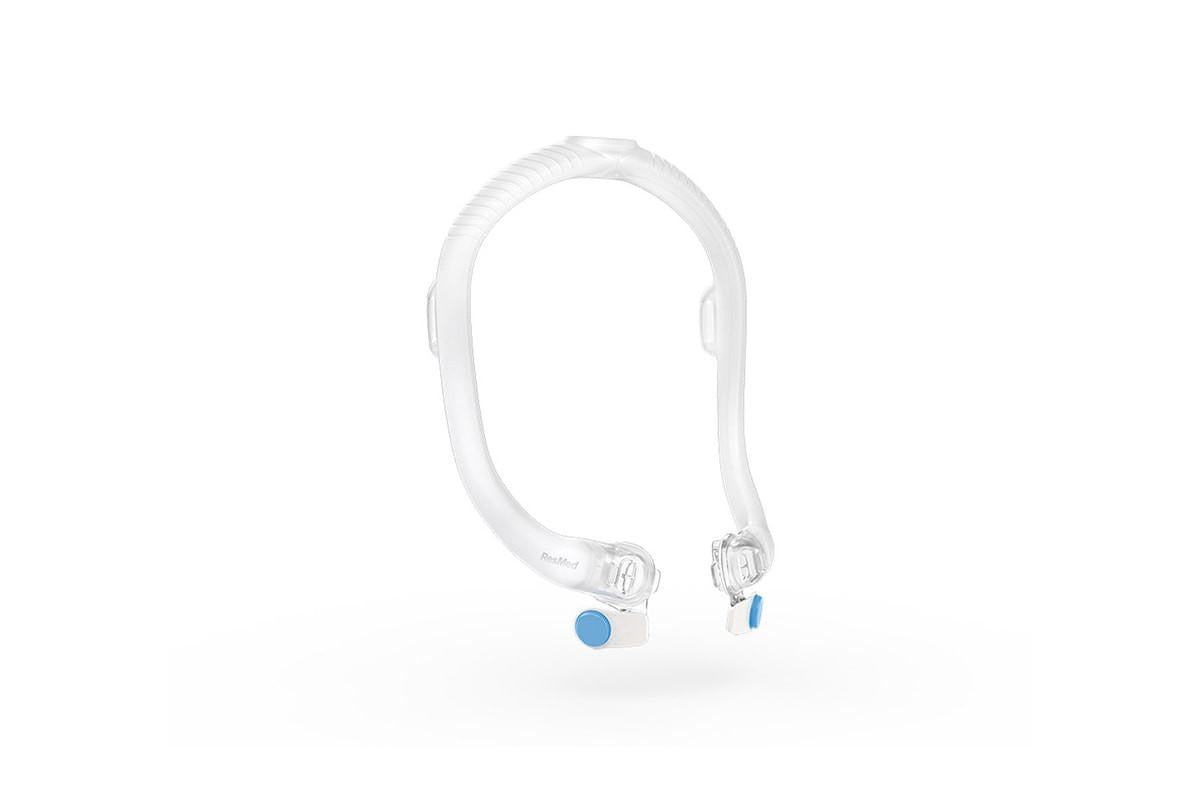 Resmed F30i Frame (Conduit), white transparent CPAP mask frame with blue accents and adjustable connections for sleep therapy.