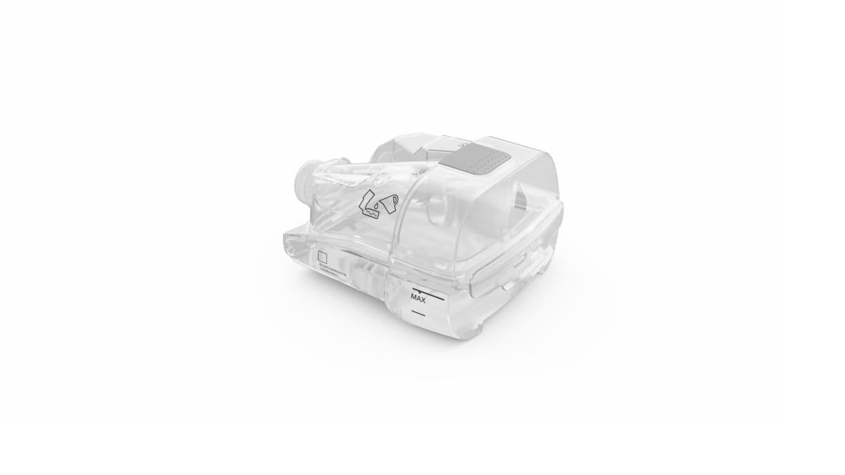 Resmed HumidAir 11 Standard Chamber, clear humidifier chamber for therapy equipment with max fill line and air inlet ports.