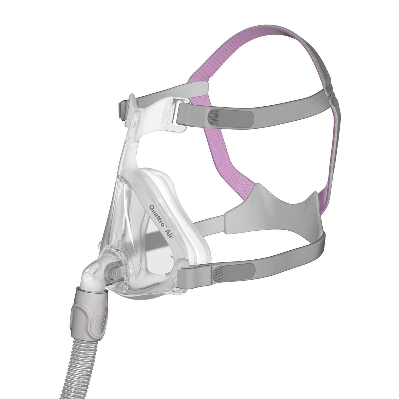 Resmed Mirage Quattro Air For Her, sleep apnea mask with a soft cushion, under-eye strap, and adjustable headgear for a comfortable fit.