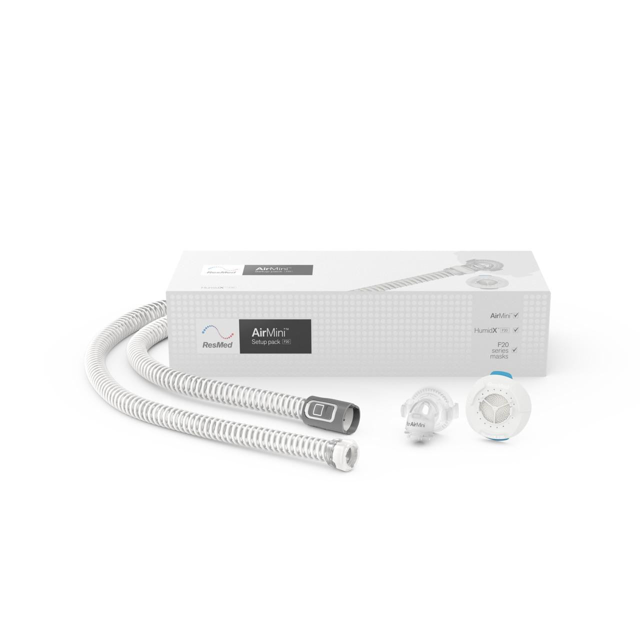 ResMed AirFit F20 AirMini Connector Kit with HumidX, white humidifier connector kit and two mask components on white background.