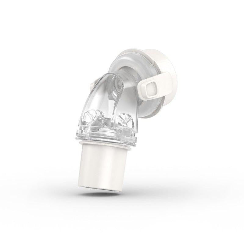 Resmed AirFit™ F20 and AirFit™ F30 Mask QuietAir Elbow, clear plastic mask component with airflow venting for CPAP therapy.
