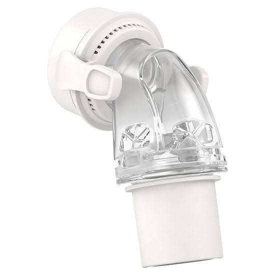 Resmed ResMed AirFit™ F20 and AirFit™ F30 Mask Standard Elbow, CPAP mask connector with clear plastic and white components.
