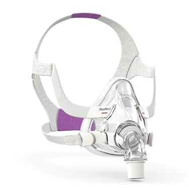 Resmed ResMed AirFit F20 For Her Full Face Mask, a comprehensive sleep apnea therapy mask with a soft silicone cushion and adjustable headgear for comfortable fit.