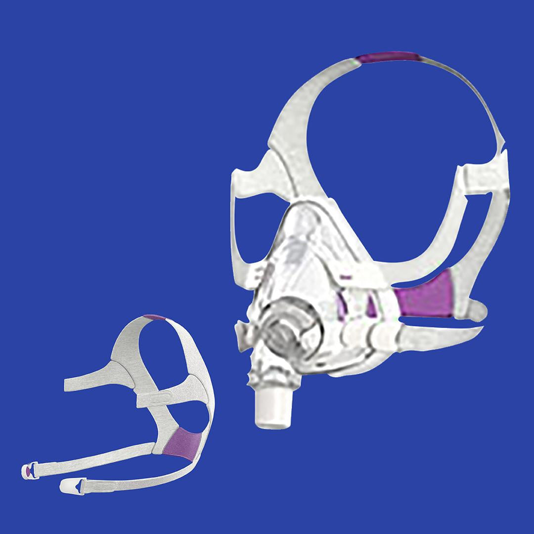 Resmed AirFit F20 For Her Full Face mask, including mask frame and headgear, on a blue background.