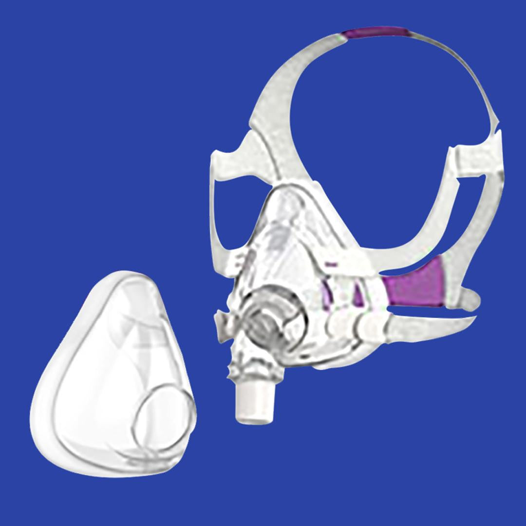 Resmed AirFit F20 For Her Full Face Mask, shown with mask frame and cushion against a blue background.
