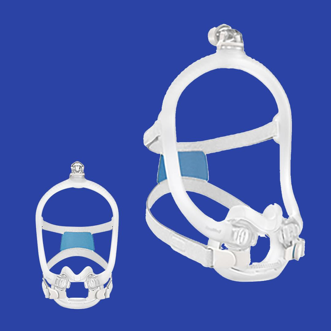 Resmed ResMed AirFit F30i CPAP mask, a nasal mask with a soft cushion and clear frame on a blue background.