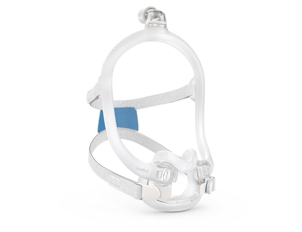 ResMed AirFit F30i CPAP mask, image of a white CPAP mask with adjustable straps and a cushioned facepiece designed for sleep apnea therapy.