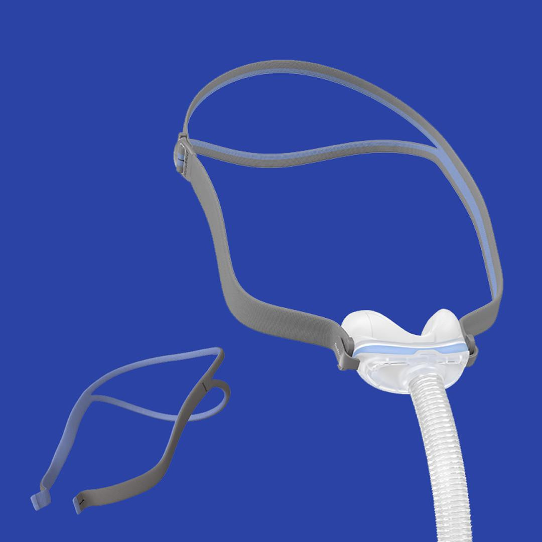 Resmed ResMed AirFit N30 CPAP Mask, image showing the nasal mask with adjustable headgear and a flexible tubing for sleep apnea therapy.