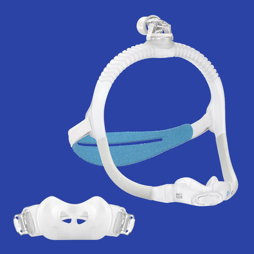 Resmed AirFit N30i CPAP mask, a white and blue nasal cushion mask and headgear for sleep apnea therapy.
