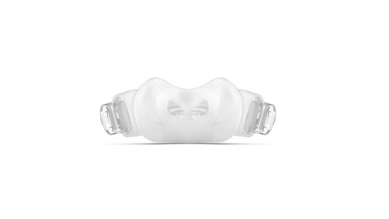 Resmed AirFit N30i QuietAir Cushion, CPAP nasal cushion with soft silicone material and adjustable straps for comfortable sleep apnea therapy.