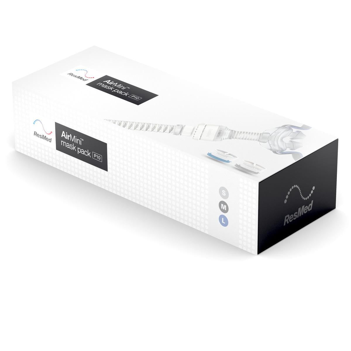 ResMed AirFit P10 for AirMini Mask Pack, white packaging box with an image of nasal pillow mask and size options on the side.