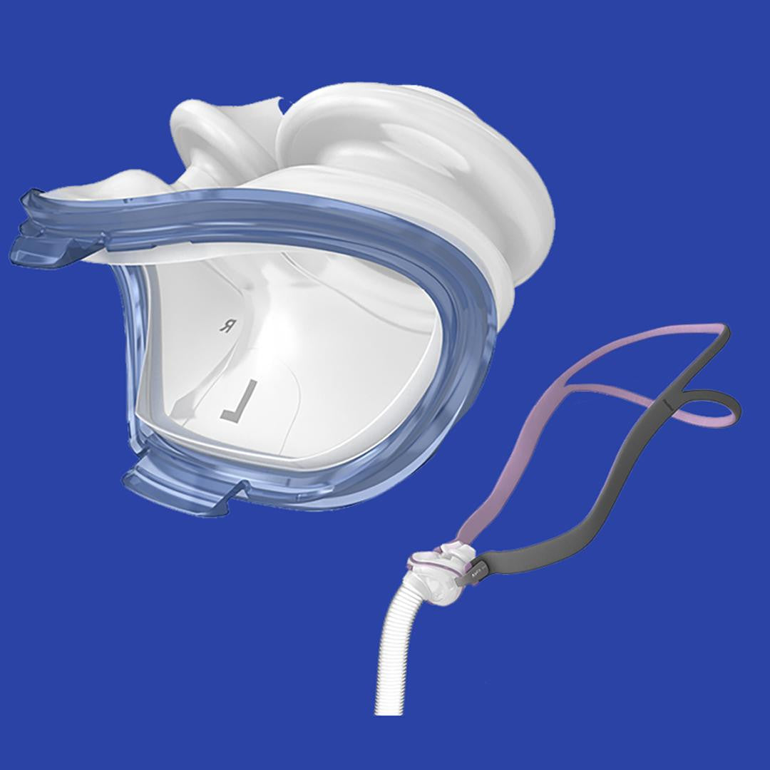 Resmed AirFit P10 for Her Pillows mask, compact nasal pillow CPAP mask with flexible head strap on blue background.