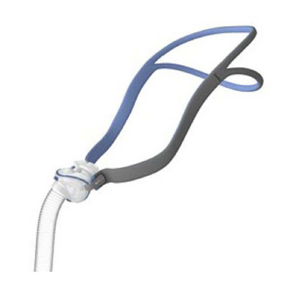 Resmed AirFit P10 Pillows Mask, nasal pillow mask with blue and grey strap and white tubing.