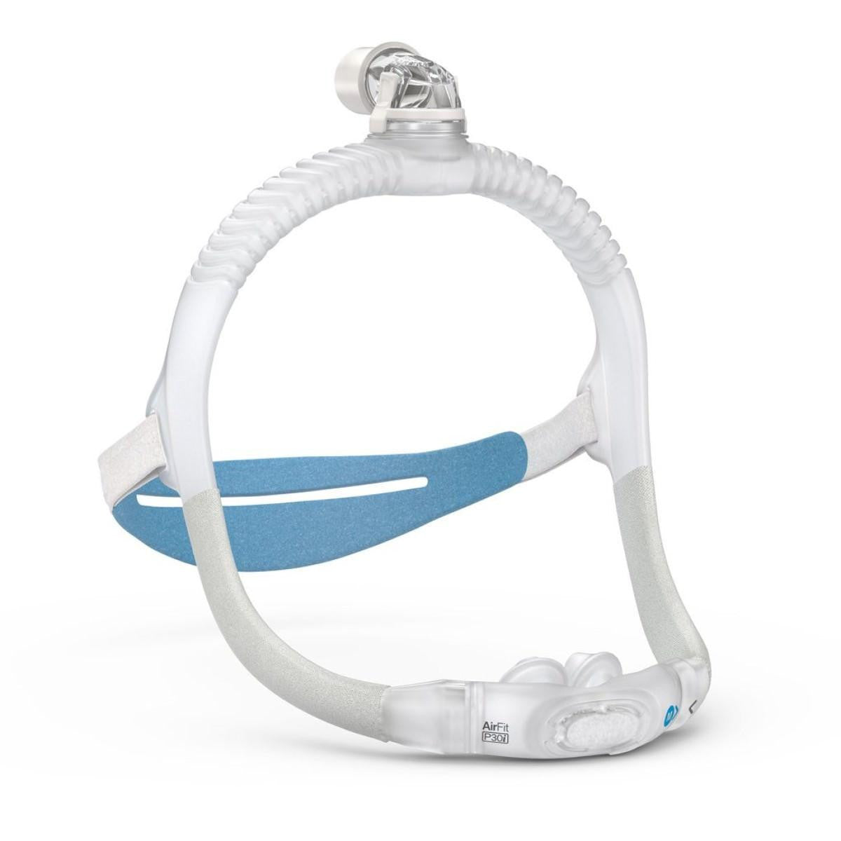 ResMed AirFit P30i Pillows Mask, clear nasal pillow mask featuring a blue strap and comfortable fit design for sleep apnea therapy.