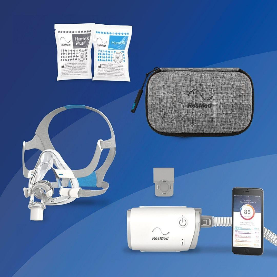 ResMed AirMini - F20 Starter kit + Deluxe Bag, includes CPAP machine, headgear, humidX Plus, carrying case, and smartphone app for sleep therapy.