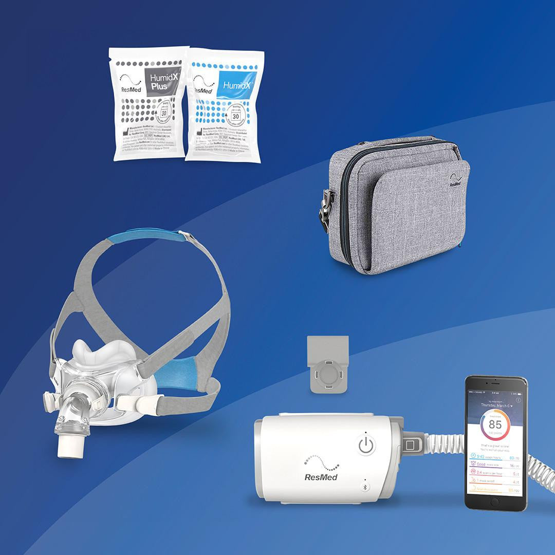 ResMed AirMini - F30 Starter kit + DeluxeBag, includes a compact airMini device with a hose and mask, a grey carrying case, two humidX filters, and a smartphone app for sleep monitoring.
