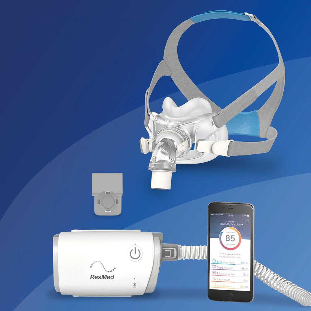 ResMed AirMini F30 Starter Kit, includes a CPAP mask with headgear, portable control device, and smartphone app for sleep therapy.