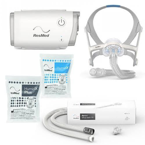 ResMed AirMini - N20 Starter kit, portable CPAP machine with accessories including a mask, humidification packs, and tubing.